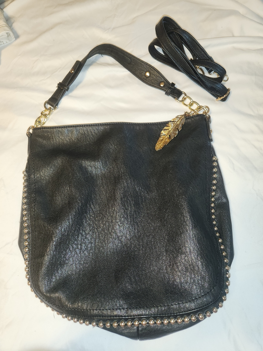 Jessica Simpson Black Shoulder Bag with Gold Feather Charm